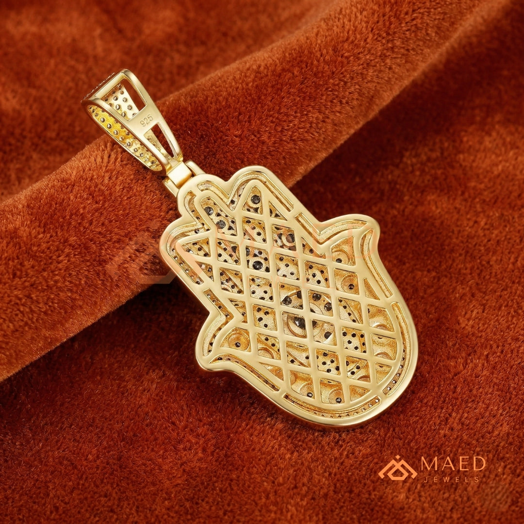 Iced-Out Hamsa Hand Pendant – Micro-Pave Diamond Finish in Silver, 14k Gold, 14k Rose Gold