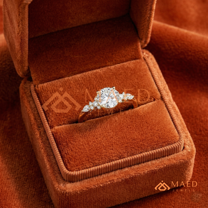 Round Cut Cluster Engagement Ring in 14K Gold, Rose Gold & Silver | Vintage Pear Accent Moissanite Ring for Women