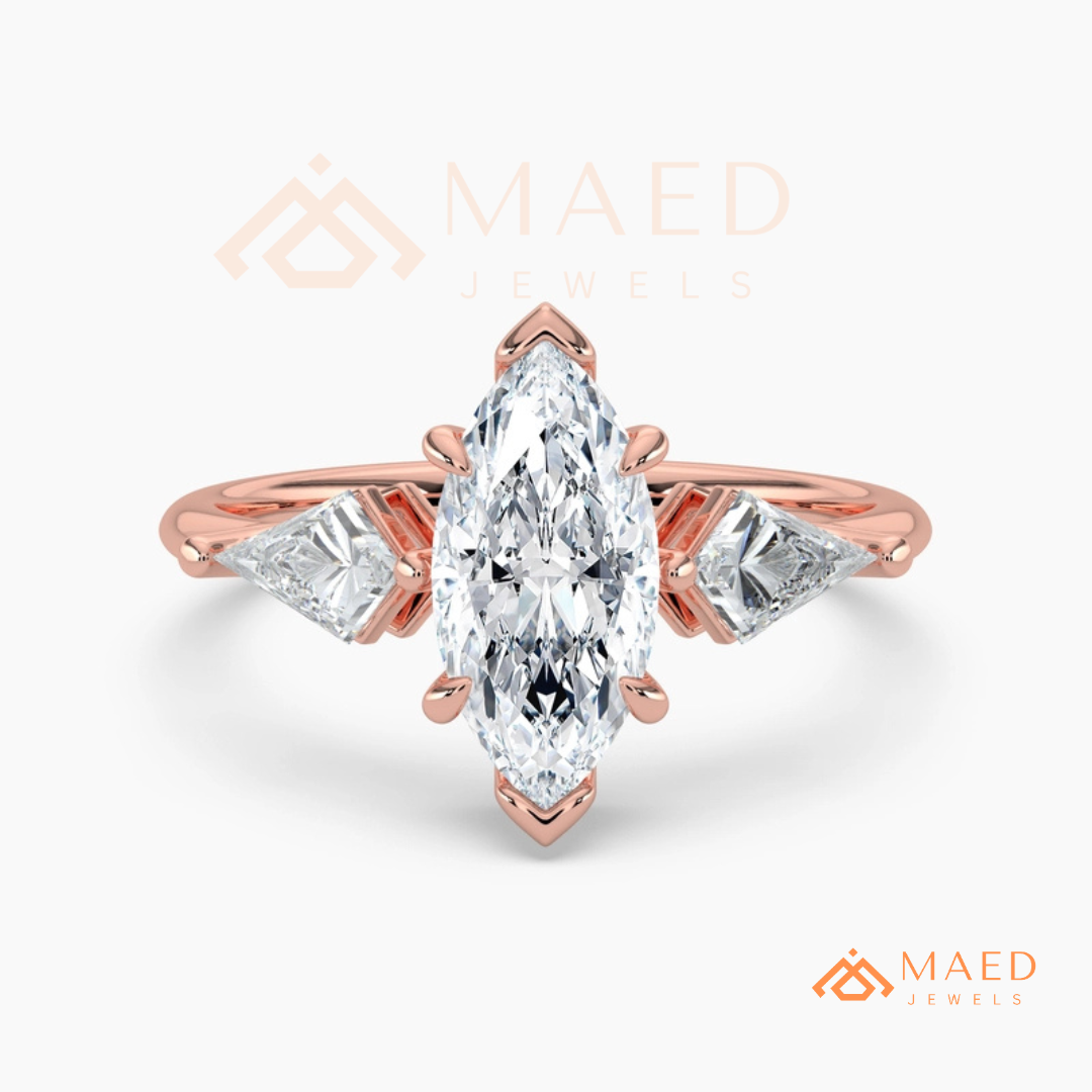 Marquise Cut Three Stone Ring with Kite Side Diamonds | 14k Gold, Rose Gold & Silver