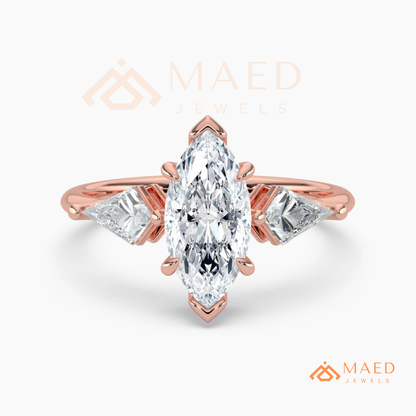 Marquise Cut Three Stone Ring with Kite Side Diamonds | 14k Gold, Rose Gold & Silver