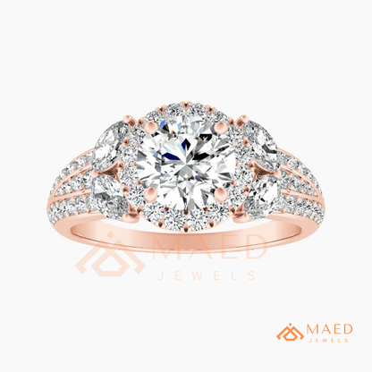 Radiant Halo Engagement Ring with Marquise Side Stones & Pavé Band