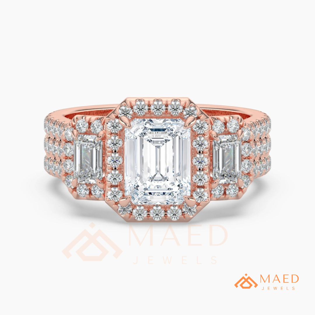 Three-Stone Emerald Cut Halo Engagement Ring | Triple Row Pave Band in 14K Gold & Silver
