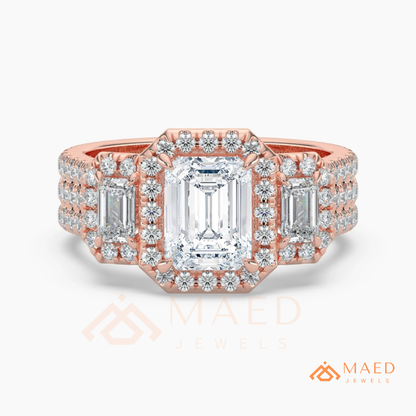 Three-Stone Emerald Cut Halo Engagement Ring | Triple Row Pave Band in 14K Gold & Silver