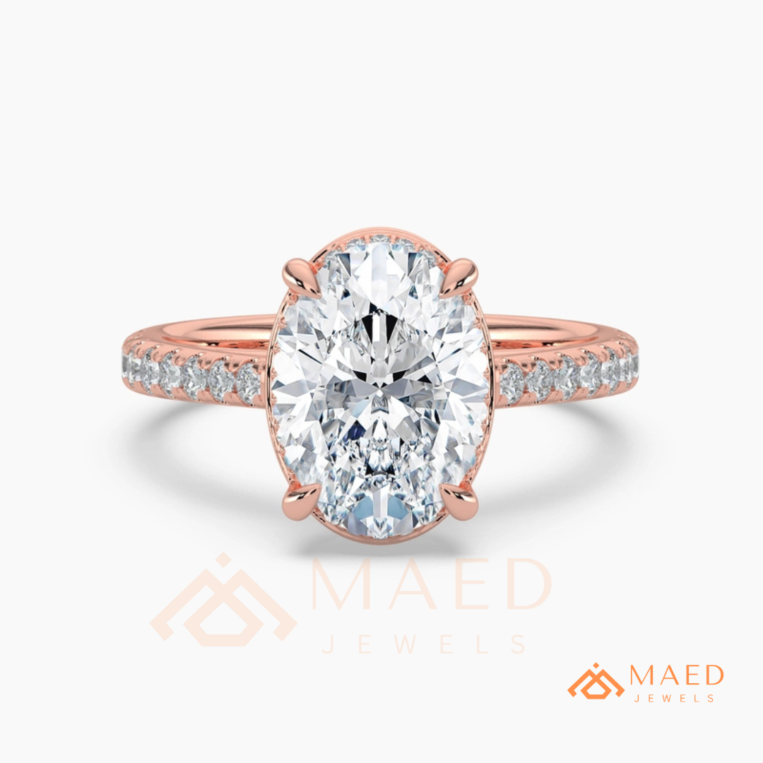 Oval Cut Hidden Halo Engagement Ring | Pavé Band in 14k Gold, Rose Gold & Silver
