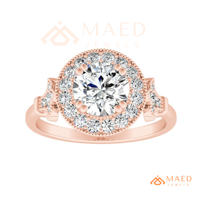 Vintage-Inspired Round Halo Engagement Ring with Milgrain Detail in 14K Gold, Rose Gold or Silver