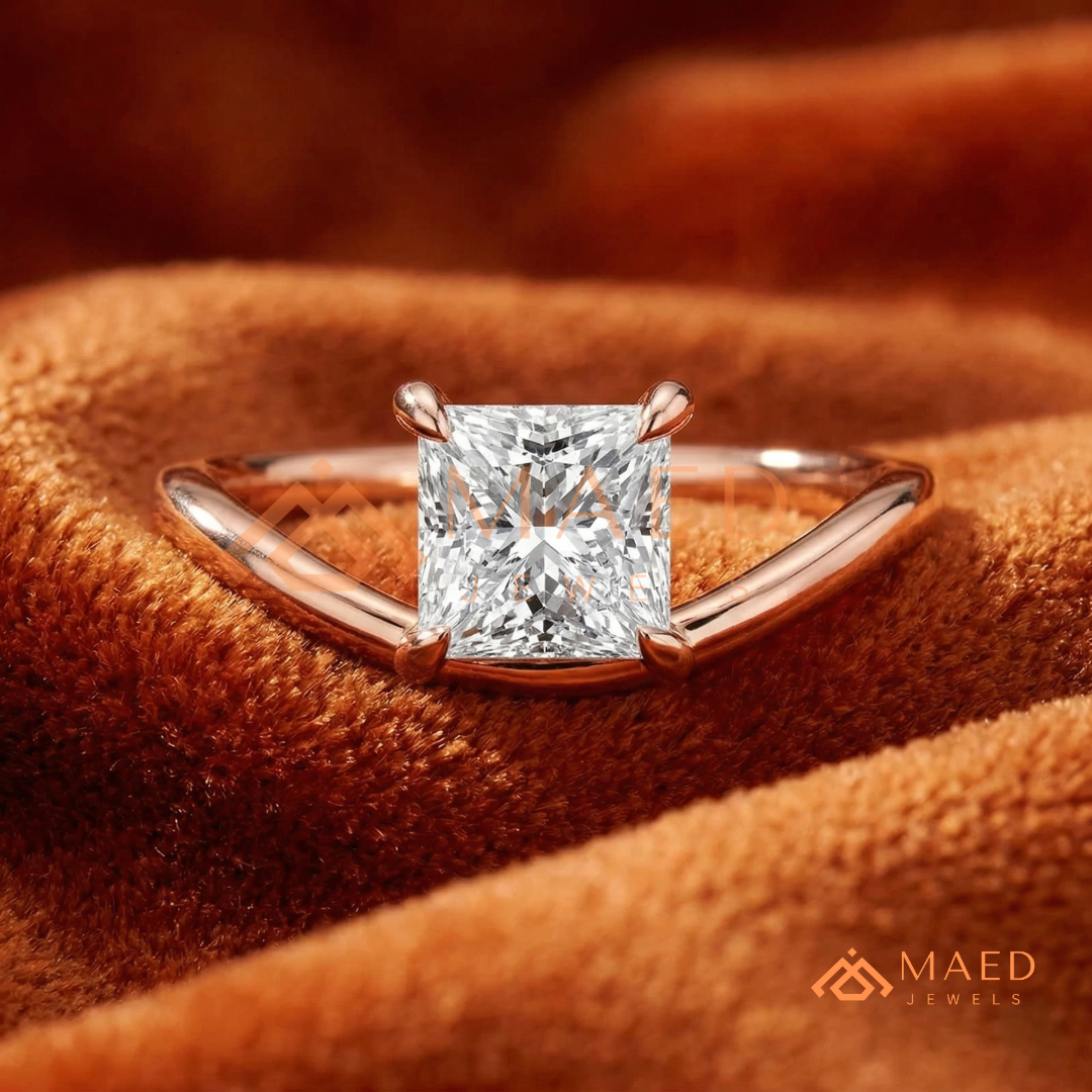Princess Cut V-Band Solitaire Engagement Ring in 14K Gold, Rose Gold & Silver