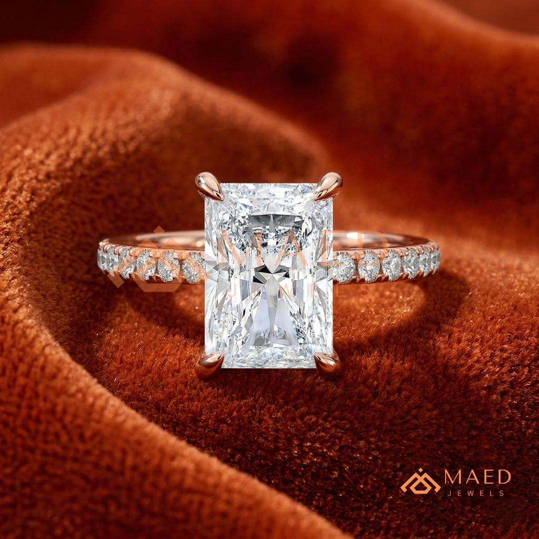 Radiant Cut Diamond Hidden Halo Engagement Ring in 14K Gold, Rose Gold & Silver
