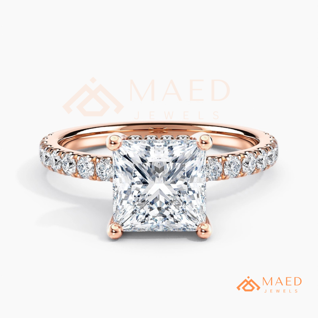 Classic Princess Cut Solitaire Engagement Ring with Hidden Halo and Pave Band in Silver, 14K Gold & Rose Gold