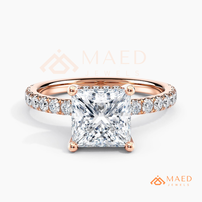 Classic Princess Cut Solitaire Engagement Ring with Hidden Halo and Pave Band in Silver, 14K Gold & Rose Gold