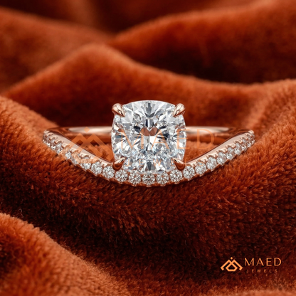 Cushion Cut Moissanite Chevron Engagement Ring, Curved Pavé Diamond Wishbone Wedding Ring in Silver, 14K Gold & Rose Gold