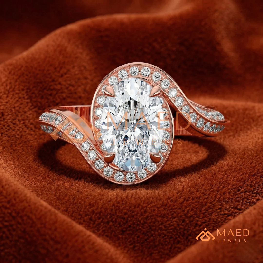 Oval Cut Bypass Halo Engagement Ring | Swirl Pavé Band in 14k Gold, Rose Gold & Silver