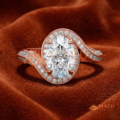 Oval Cut Bypass Halo Engagement Ring | Swirl Pavé Band in 14k Gold, Rose Gold & Silver