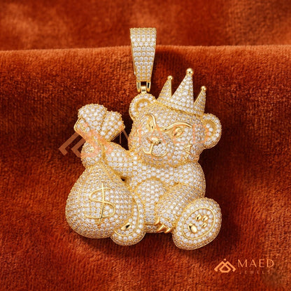 Fully Flooded 3D Money Bear Charm – Rich Teddy Stacks Pendant