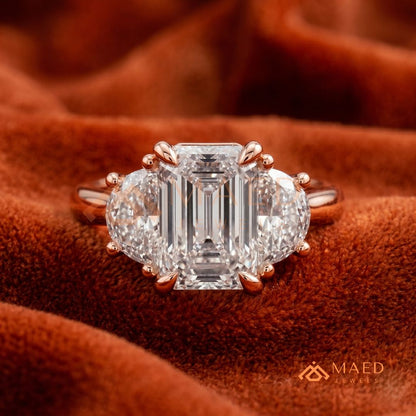 Emerald Cut Three Stone Engagement Ring | Half Moon Side Stones in 14K Gold & Silver