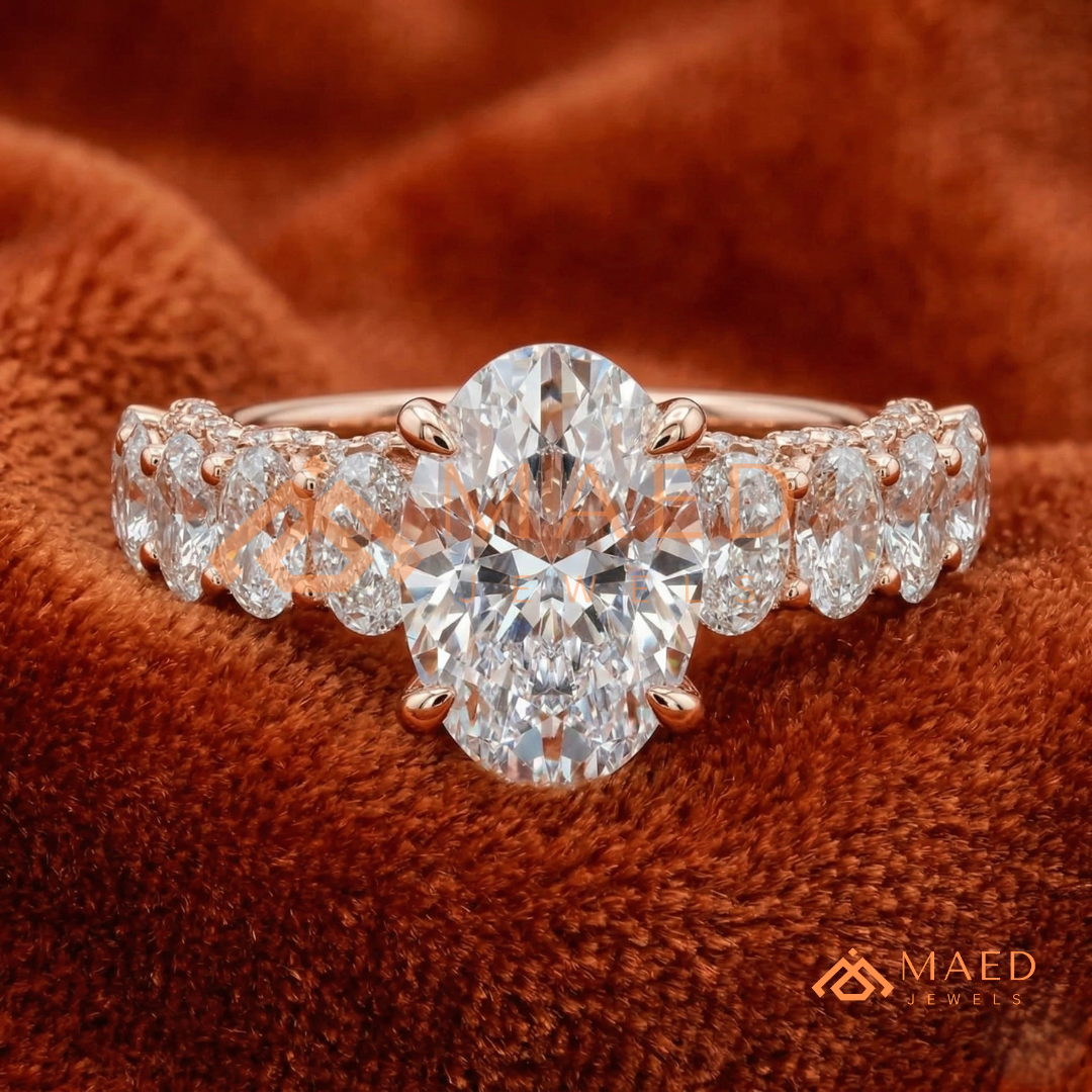Elongated Oval Cut Engagement Ring with Oval Accent Band | 14k Gold, Rose Gold & Silver