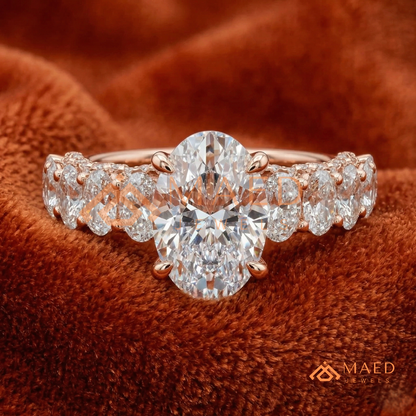 Elongated Oval Cut Engagement Ring with Oval Accent Band | 14k Gold, Rose Gold & Silver