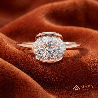 Horizontal Oval Half-Bezel Minimalist Engagement Ring in Silver, 14K Yellow Gold, or Rose Gold