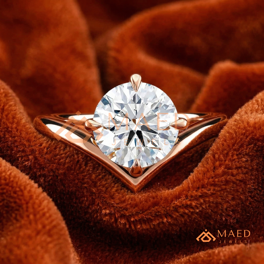 Round Cut Chevron Engagement Ring | V-Shaped Band Solitaire in Silver, 14K Gold, & 14K Rose Gold