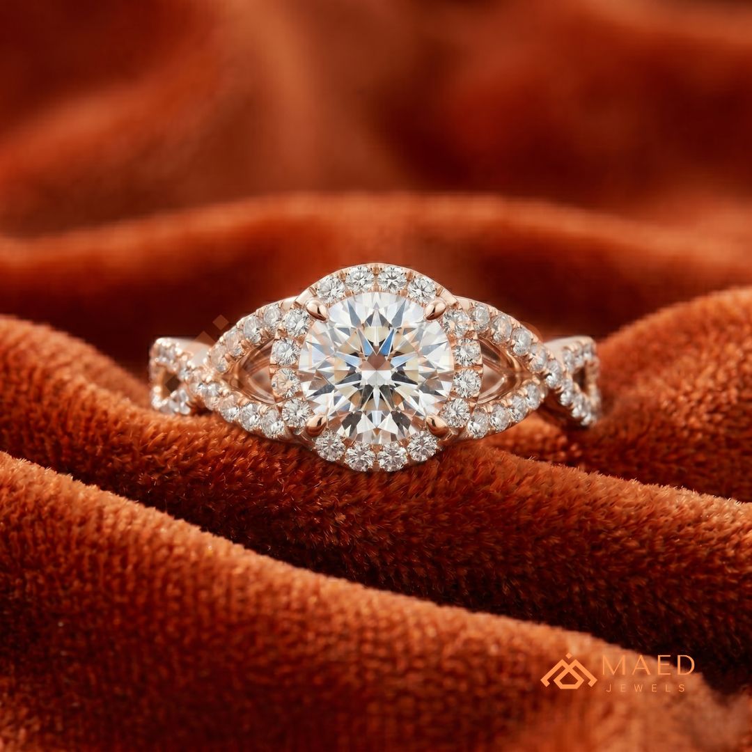 Entwined Infinity Halo Diamond Simulant Ring in 14K Yellow Gold, Rose Gold & Silver