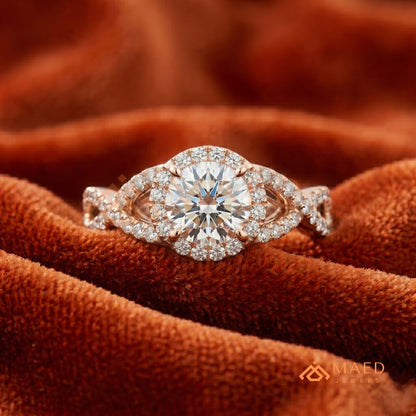 Entwined Infinity Halo Diamond Simulant Ring in 14K Yellow Gold, Rose Gold & Silver