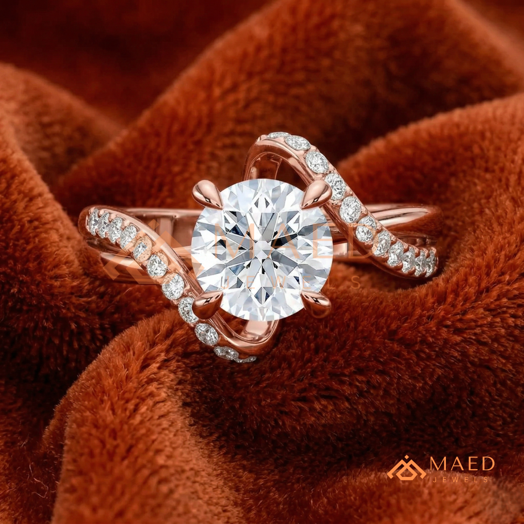 Round Cut Diamond Bypass Engagement Ring in Sterling Silver, 14K Gold & Rose Gold