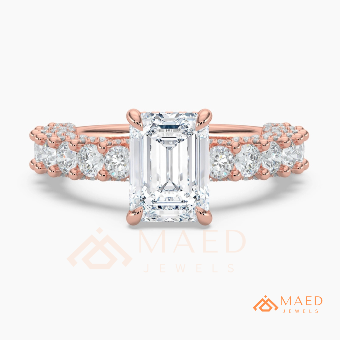 Emerald Cut Engagement Ring with Large Round Accent Band in Silver, 14K Gold, & 14K Rose Gold