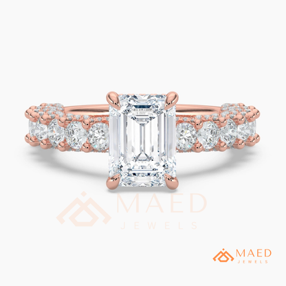 Emerald Cut Engagement Ring with Large Round Accent Band in Silver, 14K Gold, & 14K Rose Gold