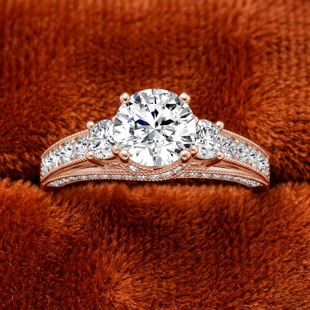 Round-Cut Three-Stone Engagement Ring with Milgrain Channel-Set Band