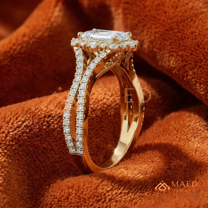 Emerald Cut Starburst Halo Engagement Ring | Split Shank Band in 14k Gold, Rose Gold & Silver