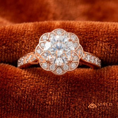 Round Cut Flower Halo Engagement Ring with Pave Band