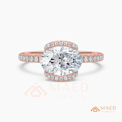 East-West Oval Cut Partial Halo Engagement Ring | 14k Gold, Rose Gold & Sterling Silver Shimmering Accented Band