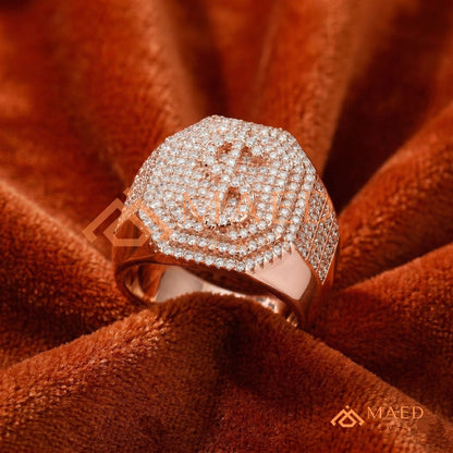 Men's Iced-Out Dollar Sign Signet Ring | Sterling Silver, 14K Gold & Rose Gold
