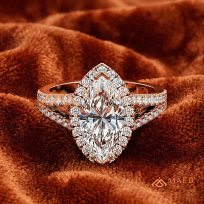 Marquise Cut Halo Engagement Ring | Split Shank Pave Band in 14K Gold & Silver