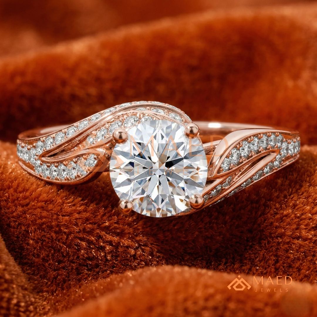 Vintage Bypass Round Cut Engagement Ring with Swirl Pavé Band