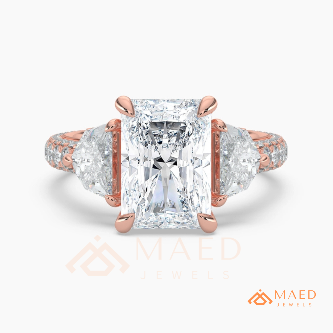 Classic Radiant Cut Three-Stone Engagement Ring with Half-Moon Side Stones in Silver, 14K Gold & Rose Gold
