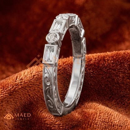 Vintage Alternating Baguette and Round Cut Diamond Wedding Band in Sterling Silver & 14K Gold