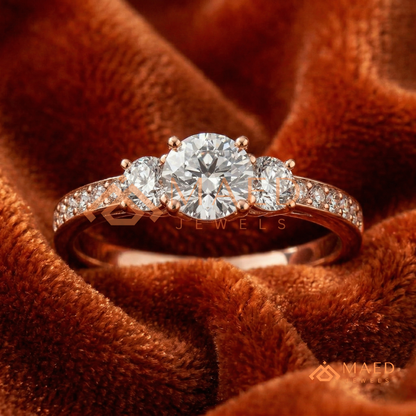 Round Cut 3-Stone Engagement Ring in 14K Gold, Rose Gold & Silver | Classic Three Stone Pave Moissanite Ring for Women