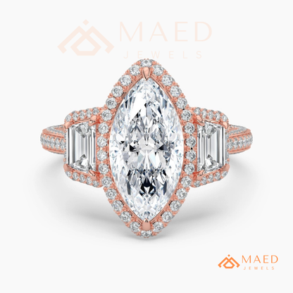 Vintage Marquise Cut 3-Stone Halo Ring with Triple-Row Pavé Band