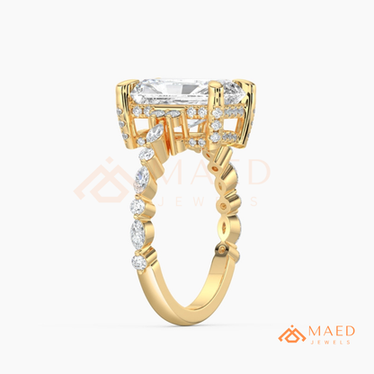 Radiant Cut Engagement Ring | Marquise & Round Cluster Band in 14K Gold, Rose Gold & Sterling Silver