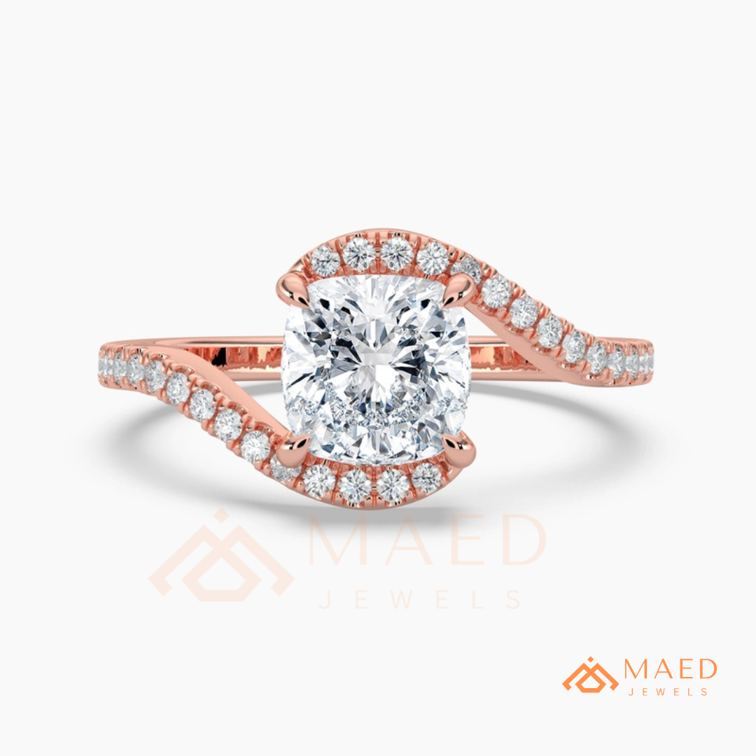 Cushion Cut Moissanite Bypass Halo Engagement Ring in Sterling Silver, 14K White Gold & Rose Gold | Criss Cross Diamond Simulant Wedding Ring