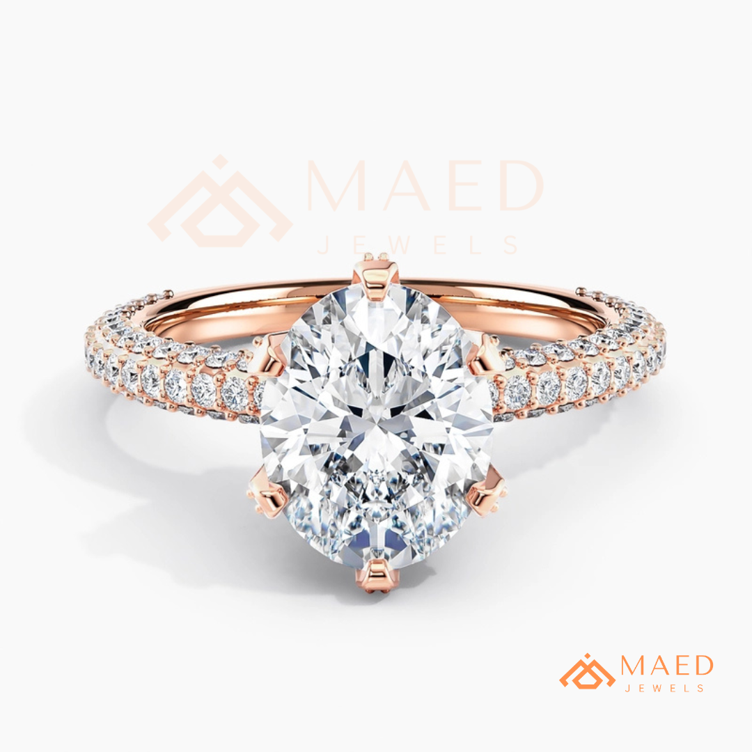 Oval Cut Engagement Ring | Triple Row Micro Pave Band in 14K Gold & Sterling Silver