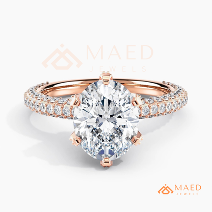 Oval Cut Engagement Ring | Triple Row Micro Pave Band in 14K Gold & Sterling Silver