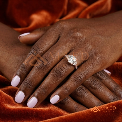 Round Brilliant and Half Moon Three Stone Ring | Multi-Row Pavé Band in 14k Gold & Silver
