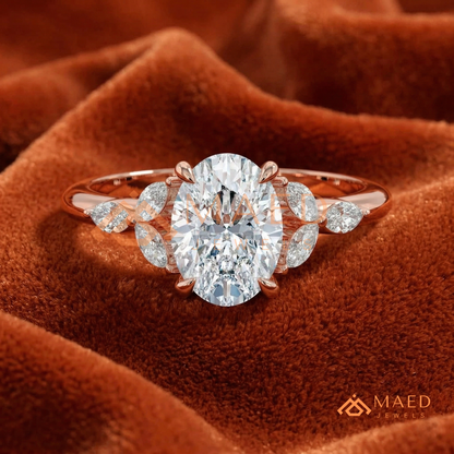 Oval Cut Marquise Cluster Engagement Ring | Nature Inspired Floral Wedding Ring | 14K Gold, Rose Gold & Sterling Silver