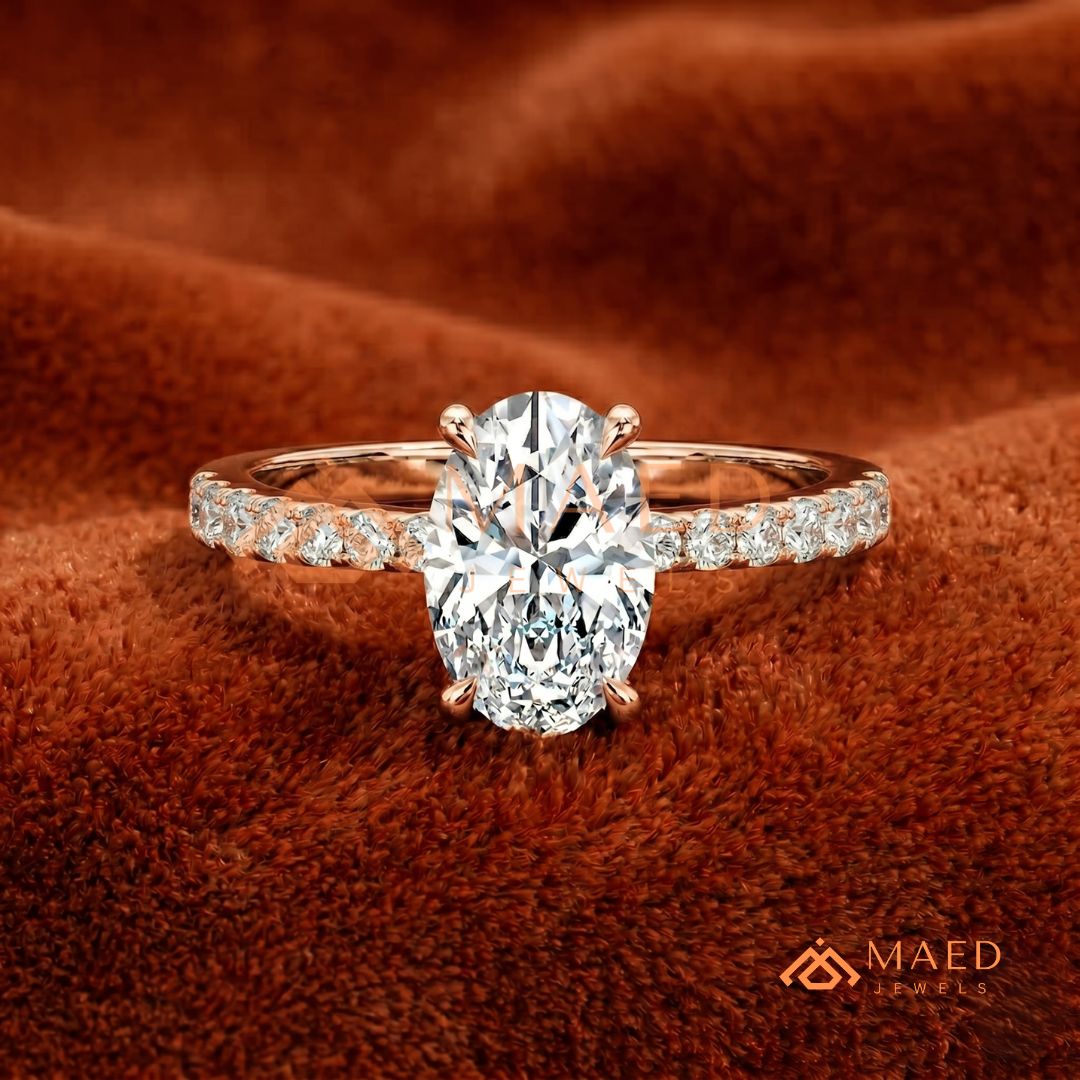 Oval Cut Engagement Ring with Pavé Band in Silver, 14K Gold, & 14K Rose Gold
