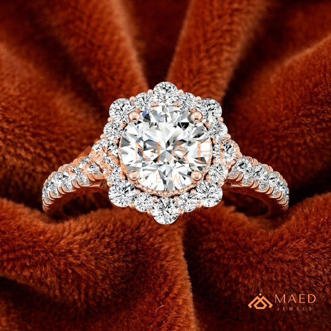 Floral Halo Engagement Ring – Round Brilliant Cut Diamond Ring