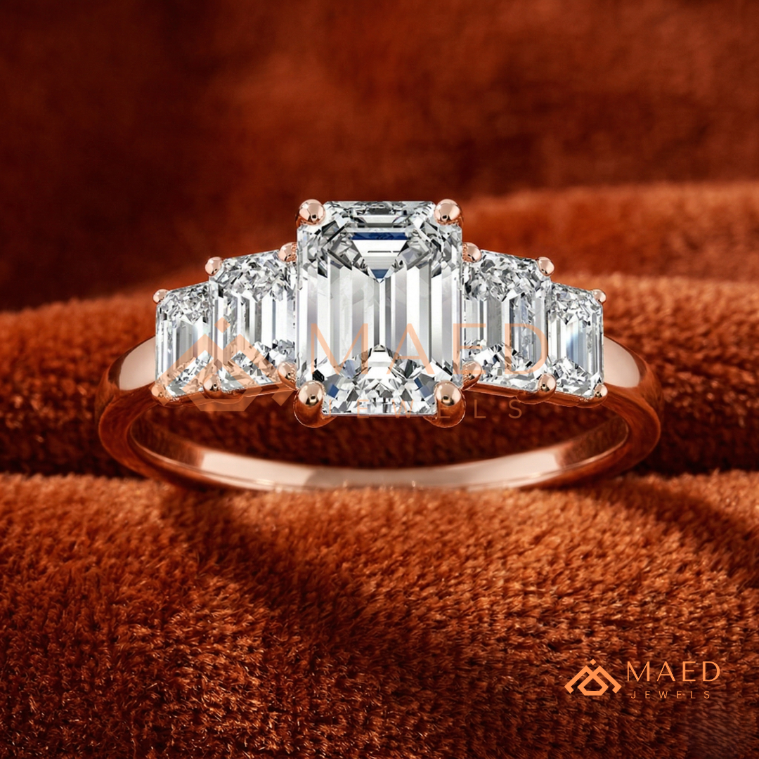 Five-Stone Emerald Cut Diamond Simulant Ring (14k White, Yellow, Rose Gold & Sterling Silver)