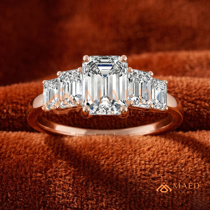 Five-Stone Emerald Cut Diamond Simulant Ring (14k White, Yellow, Rose Gold & Sterling Silver)