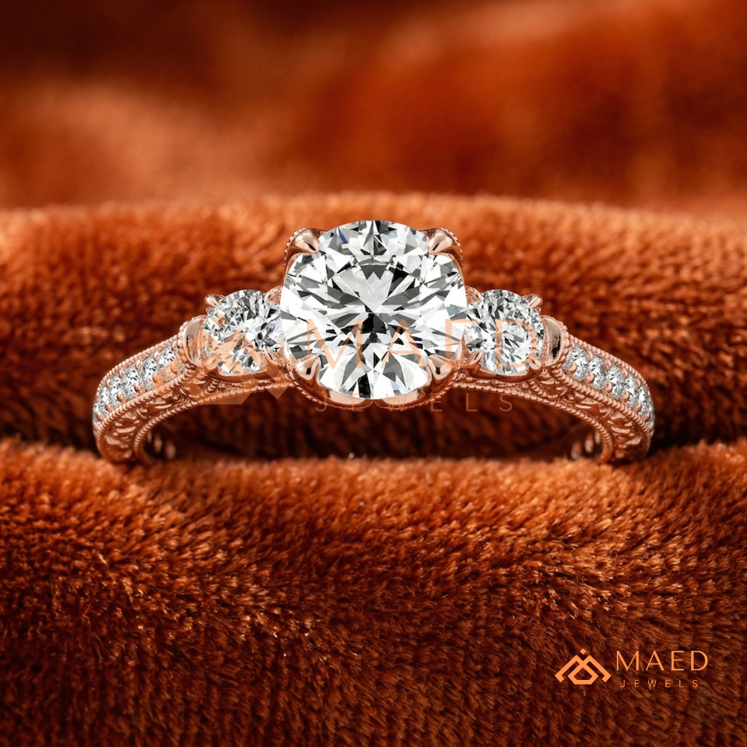 Vintage 3-Stone Round Engagement Ring in 14K Gold, Rose Gold & Silver | Antique Milgrain Pave Moissanite Ring for Women