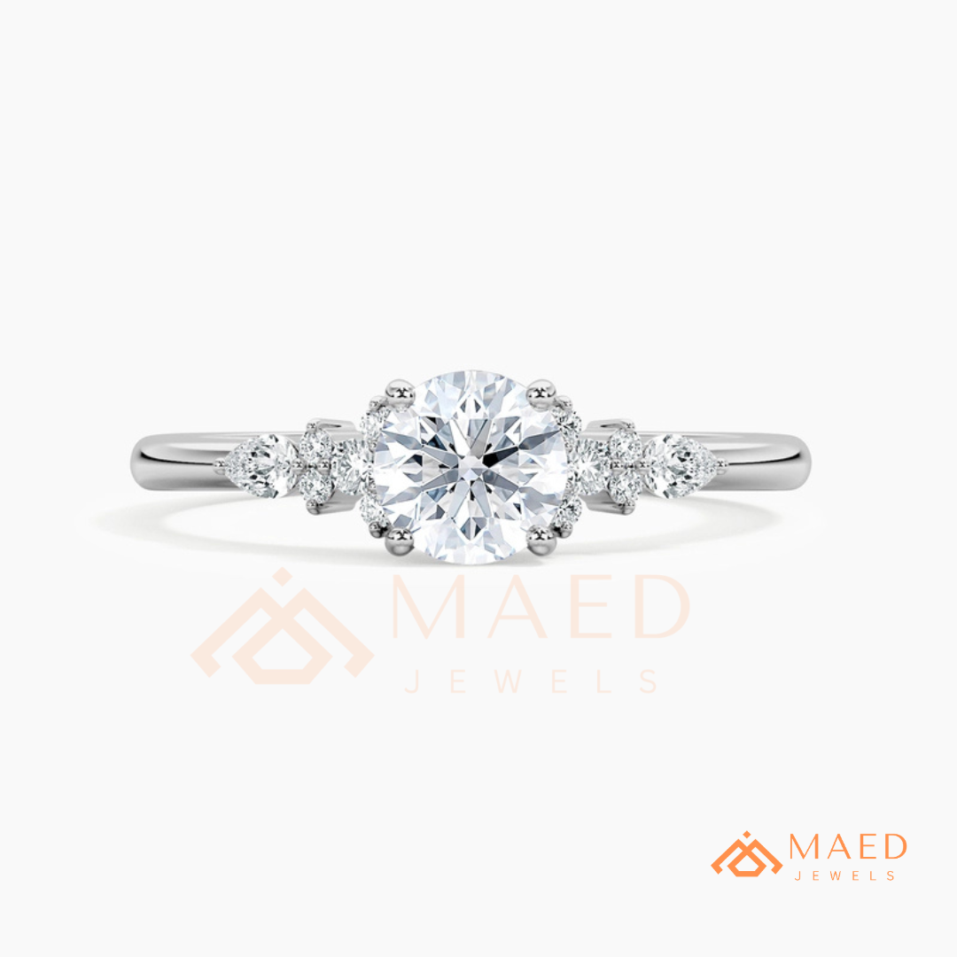 Round Cut Cluster Engagement Ring in 14K Gold, Rose Gold & Silver | Vintage Pear Accent Moissanite Ring for Women